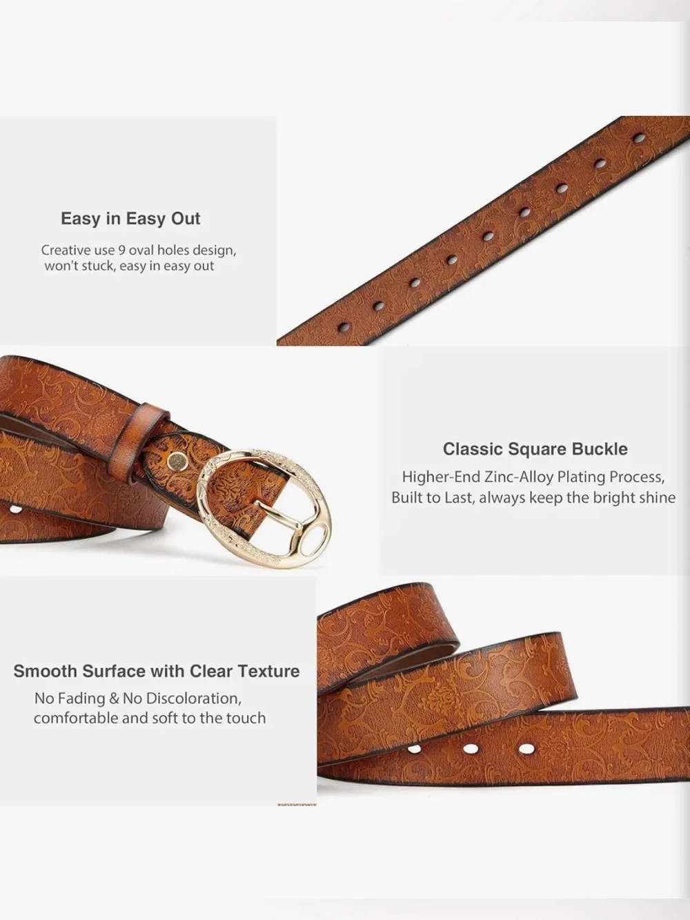 Brown Floral-Embossed Belt with Oval Buckle